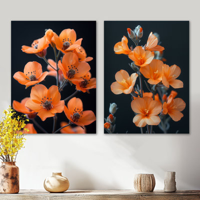 Fleurs de cerisier orange fraîches coupées en orange I - ensemble de 2 reproductions d'art mural en métal botanique