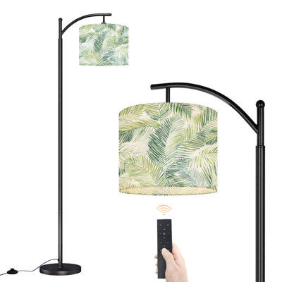 Arc Floor Lamp with Adjustable Lampshade Tropical Palm Leaf Green White vintage Standing Lamp 3 Color Temperatures Dimmable Tall Pole Lamp with Foot Switch for Bedroom