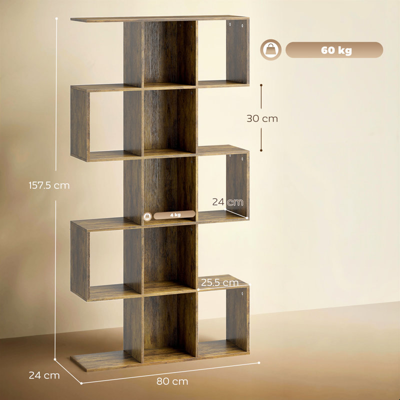HOMCOM Geometric Bookshelf, 5-Tier S Shaped Bookcase, Rustic Brown