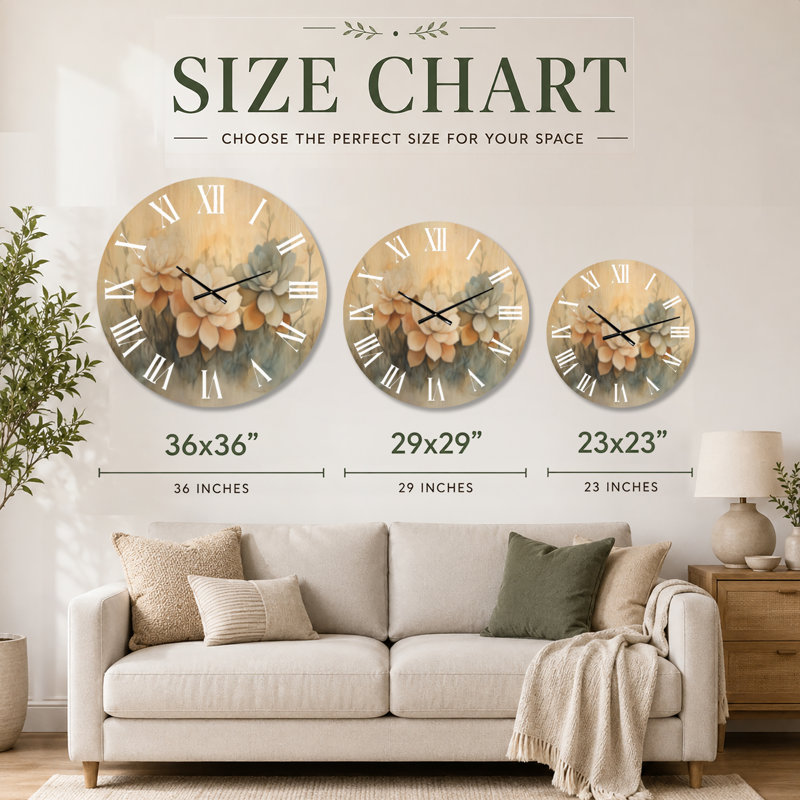 Horloge murale ronde en bois de style bohème, ornée de succulentes dorées, Très grand