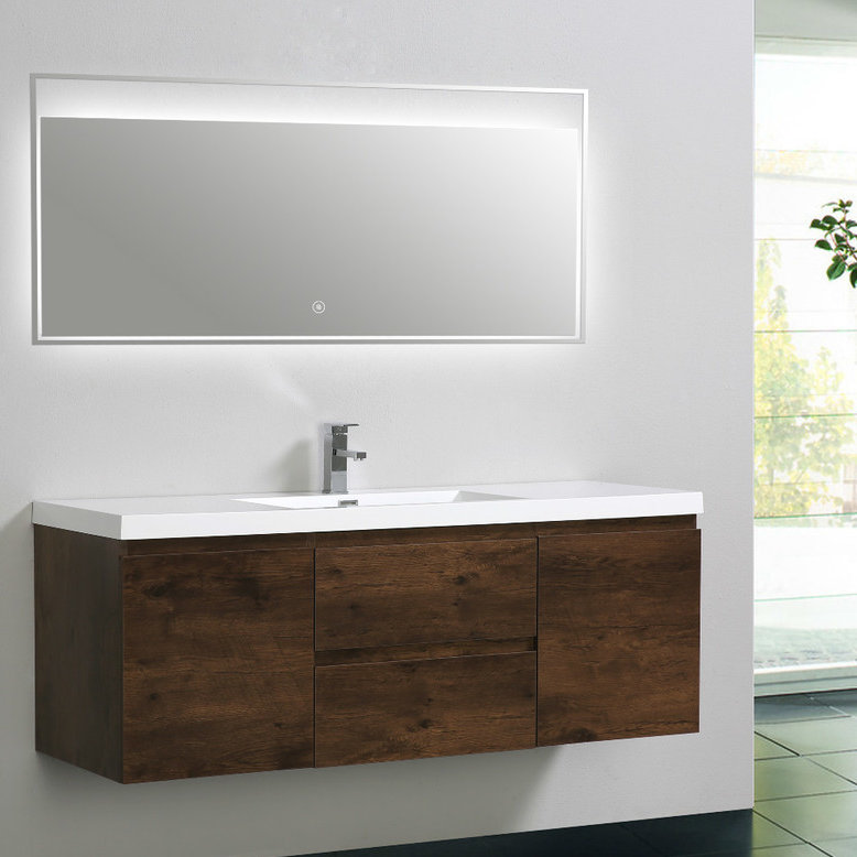 Ensemble de meuble-lavabo mural simple de 59,5 po Polychronis, Rosewood
