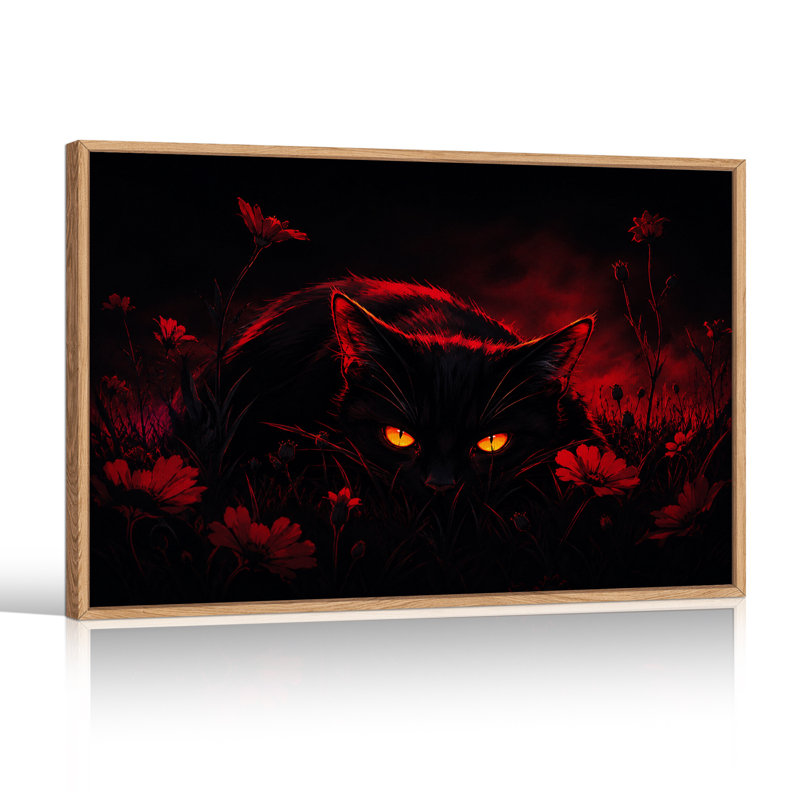 Art noir sur toile, "Chat noir avec des yeux orange brillants", H 24 po x l 36 po