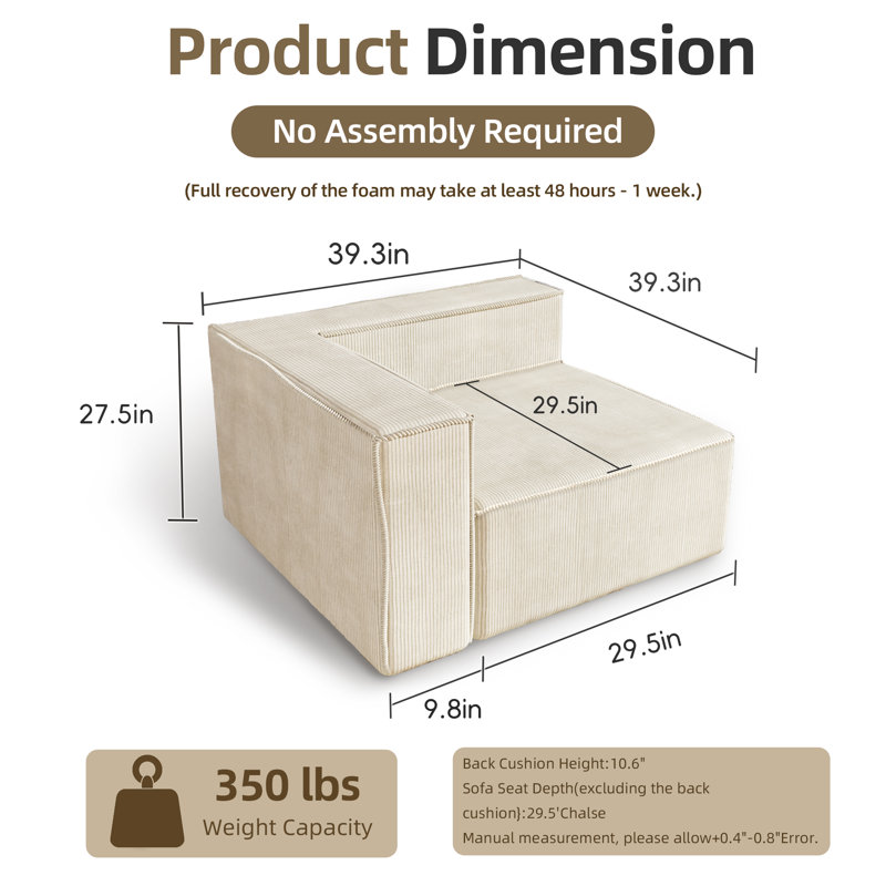 39" Left Armrest Compression Couch No Assembly Required, Beige