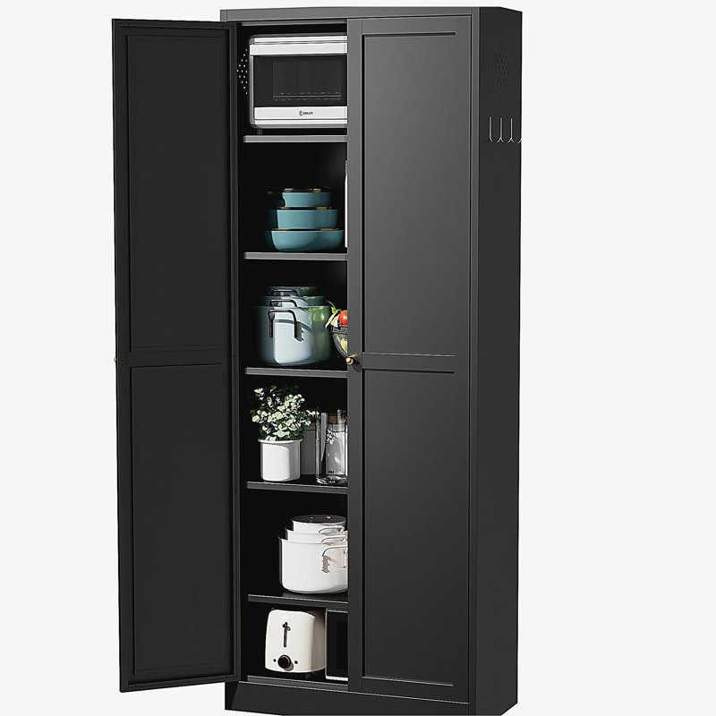 Armoire de cuisine 72 po en métal avec portes, organisateur de rangement autoportant robuste avec 5 tablettes réglables, Noir