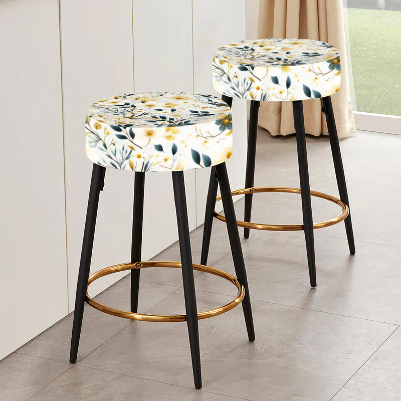Ensemble de 2 tabourets de bar blancs et beiges à motif floral minimaliste I