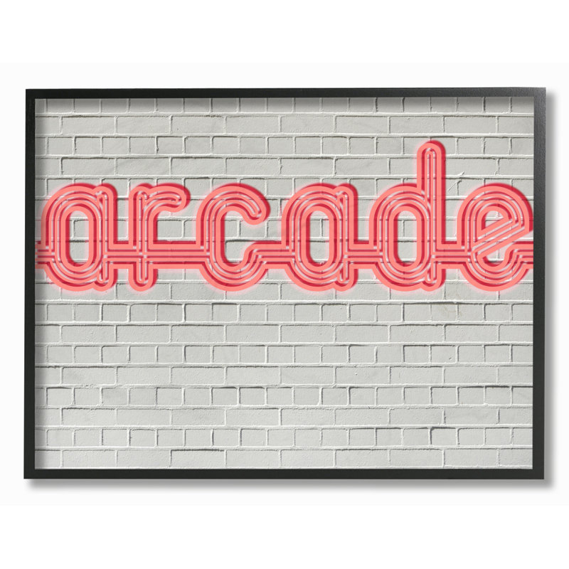 Arcade, signe graphique sur fond brique, art textuel surdimensionné, H 11 po x l 14 po, Giclée encadrée noir minuit