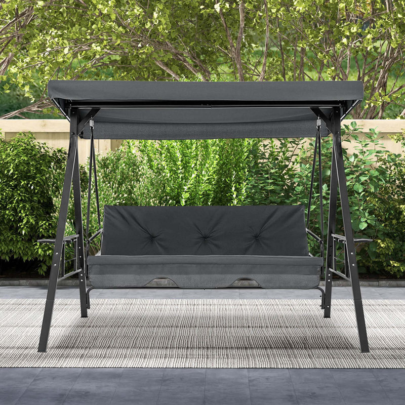 Arlmont & Co. 3-seat Patio Porch Swing Withadjustable Canopy Soft Seat Back Cushions Side Tables, Grey