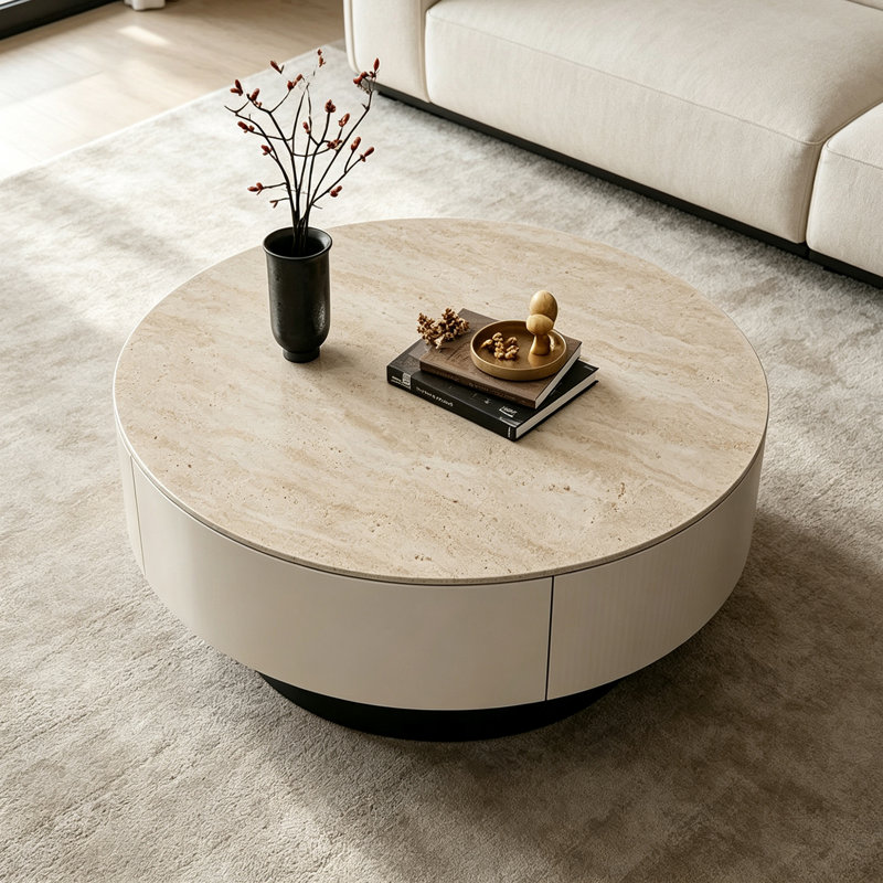 Table basse de style italien de luxe, 13" H x 27.55" W x 27.55" D, Beige, Beige / Black