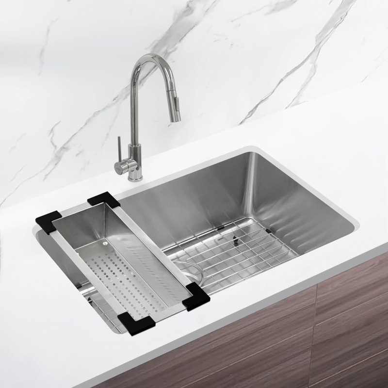 Évier de cuisine en acier inoxydable à simple cuve à extension étroite KBFmore, 4 pièces Gadgets, Calibre 18