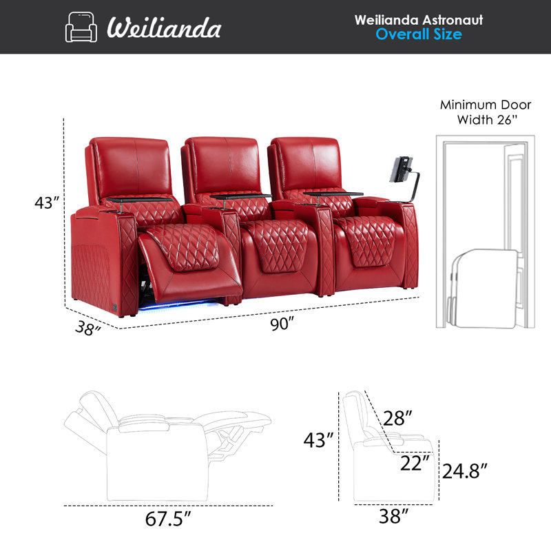 Haiylee Zero Gravity Home Theater Seating Top Grain Leather Recliner Sofa Power Headrest Footrest, Red Genuine Leather