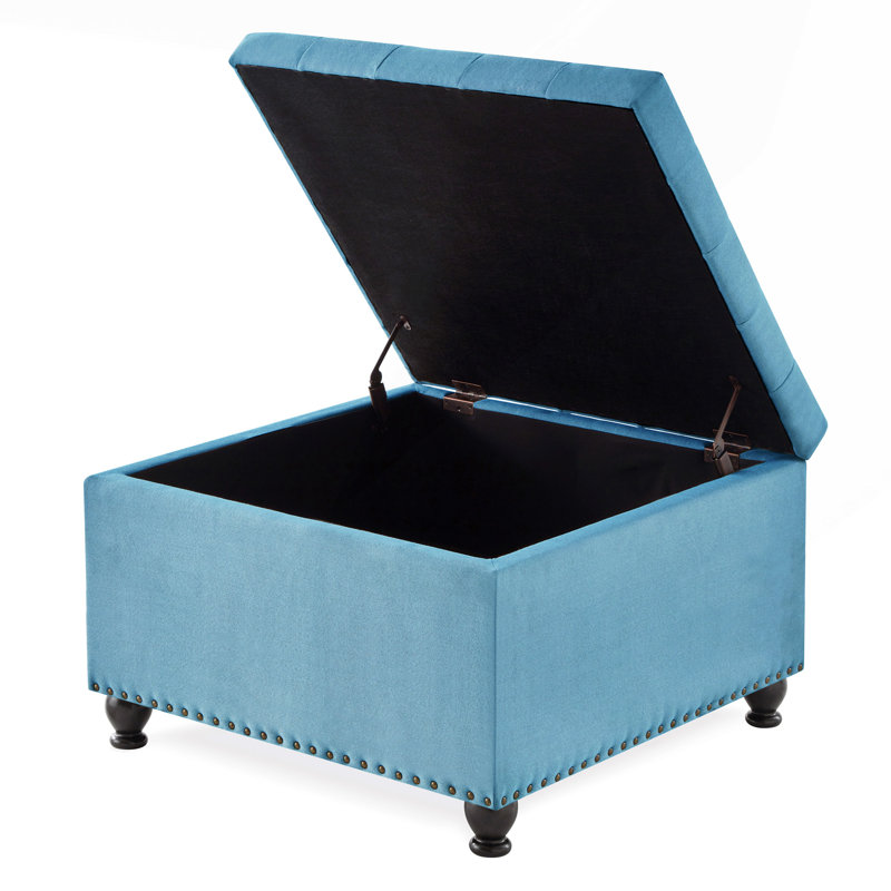 Grand repose-pieds carré avec rangement en bois, Bleu