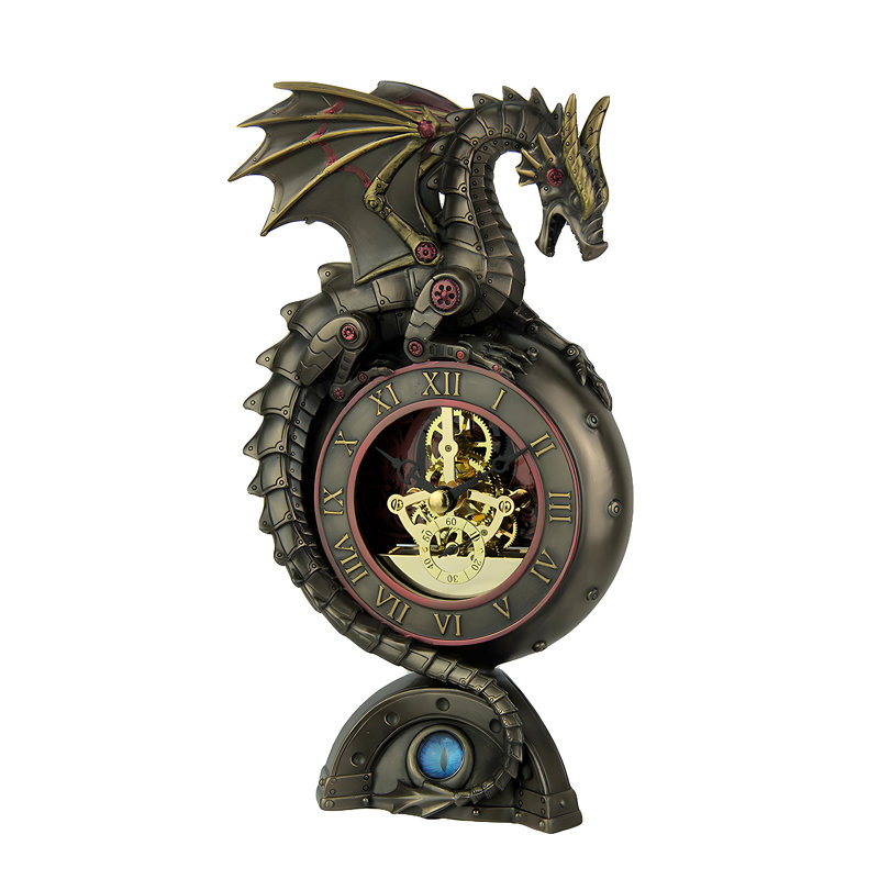 Horloge de table steampunk en résine polyuréthane bronze coulée à froid, représentant un dragon et dotée d'un mécanisme d'horlogerie mobile ; hauteur : 23 cm.