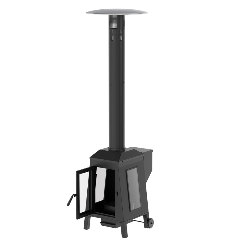 Chauffage de terrasse à granules de bois de 70 000 BTU, chauffage extérieur sur pied avec roulettes et fenêtres vitrées, idéal pour les patios, les terrasses et les espaces commerciaux.