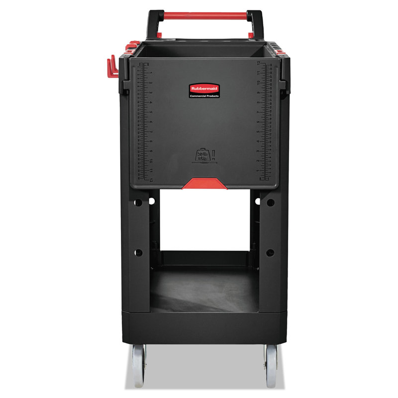 Heavy Duty Black Plastic Utility Cart with Adjustable Handle and Flip-Up Shelf