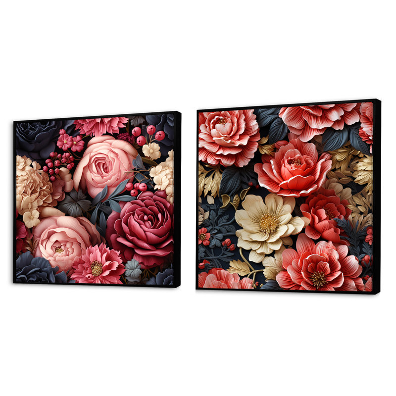 Sennède - Ensemble de 2 collages carrés floraux, Cadre flottant noir, H 16 po x l 33 po