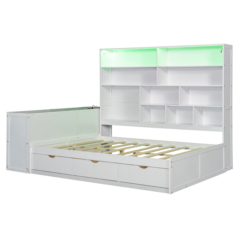 Lit de jour double en bois avec bureau, tablettes, trois tiroirs de rangement et lumières DEL, lit multifonction blanc, Blanc