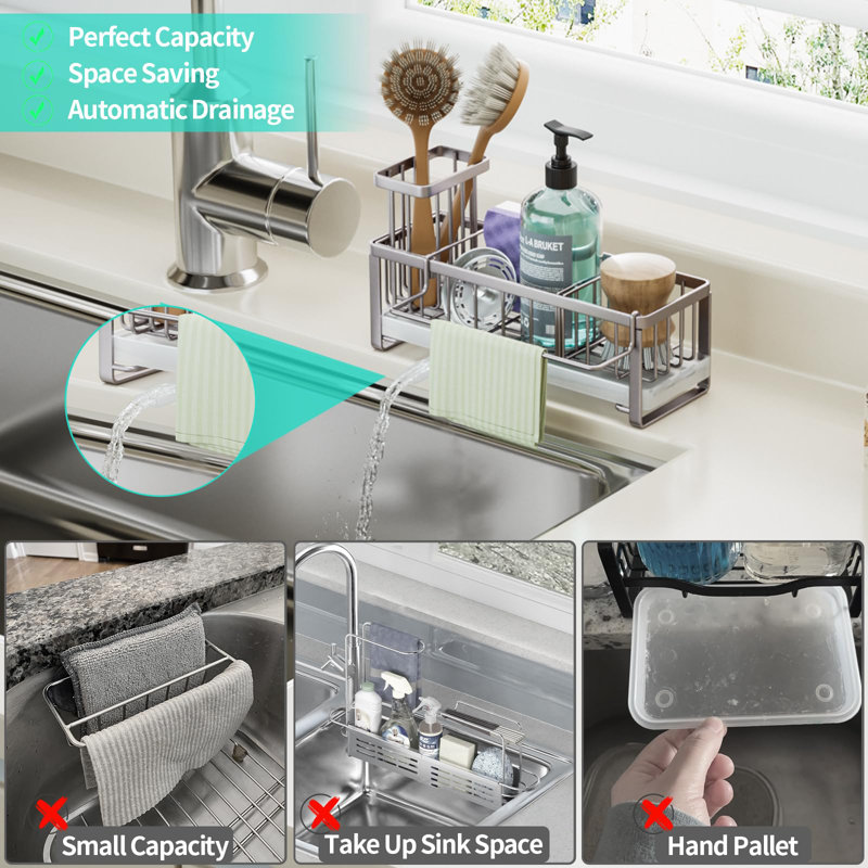 Stainless Steel Sink Caddy With 360° Rotating Drainage, Removable Brush & Dishcloth Holders, Rust-Resistant Kitchen Organizer For Sponges And Brushes