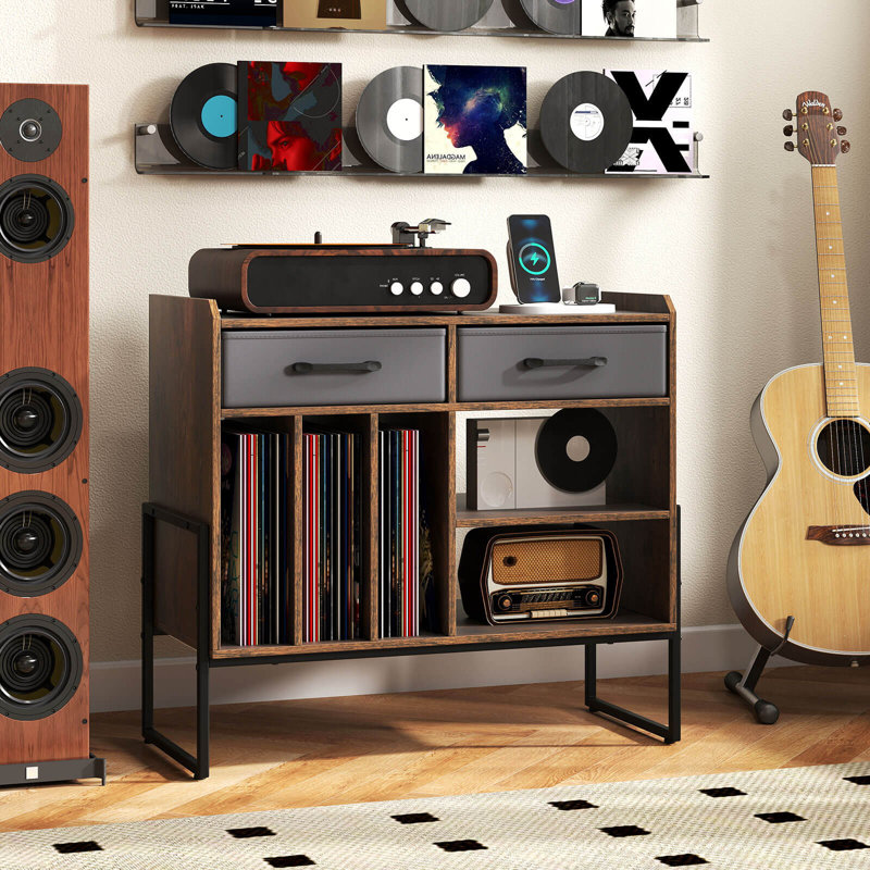 Large Record Player Stand with Charging Station, 2 Fabric Drawers, Adjustable Shelf Rustic Brown & Gray