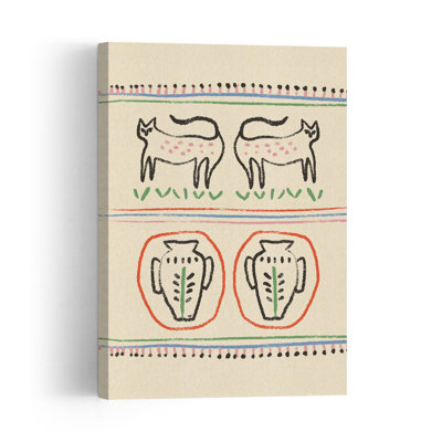 Chats primitifs et vases - Affiche murale abstraite, colorée et ludique représentant un chat, un cheval, une nature et des plantes