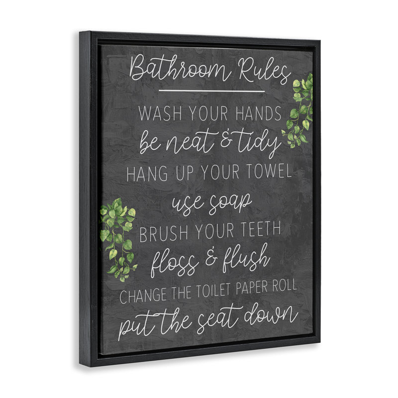 «Bathroom Rules with Greenery Floater», art mural sur toile par Kim Allen, Cadre flottant noir de jais, H 21 po x l 17 po