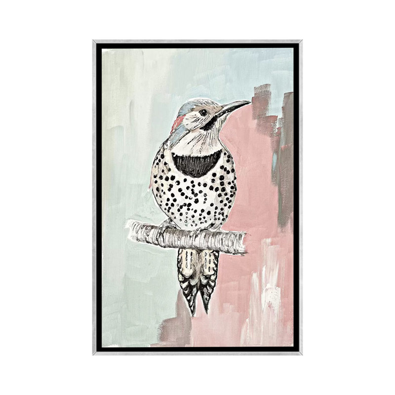 "Beige Woodpecker I" par Patricia Pinto, reproduction d’art, Pas de tapis, Toile avec cadre argenté
