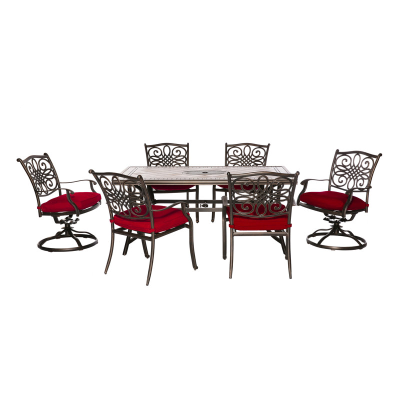 Monaco Bronze 6-Person Outdoor Dining Set with Red Cushions and Porcelain Tile Table