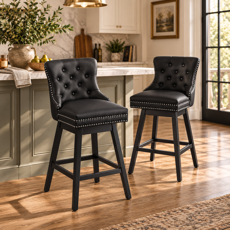 Ensemble de 2 tabourets de bar pivotants, tabourets de bar en cuir de polyuréthane avec devant capitonné à boutons et anneau rétractable, tabourets à hauteur de comptoir de 26 po avec pieds en bois massif pour îlot de cuisine ou bar, noir