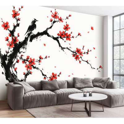 Papier peint adhésif auto-adhésif fleur de cerisier japonais blanc, papier contact amovible pour salon, chambre à coucher H 100 po x l 144 po