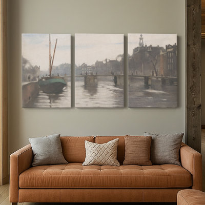 Triptyque mural en trois parties représentant un canal d'Amsterdam vintage avec des bateaux - Paysage urbain, 45,7 x 68,6 cm par panneau, châssis entoilé prêt à accrocher - Série Paysage CDLXXXIX