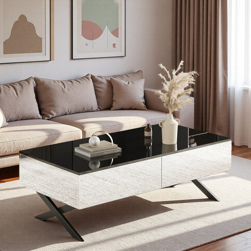 Table basse rectangulaire à miroir avec 2 tiroirs, et noir