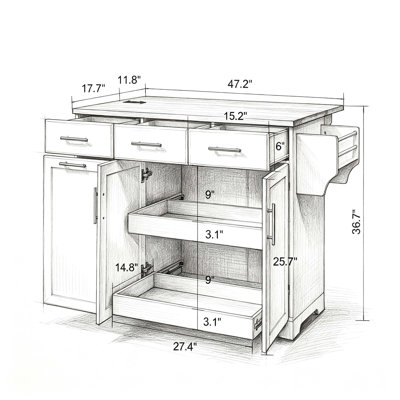 47.2" Kitchen Island with Storage 2 Pull Out Cabinet Organizers Rubber Wood Drop Leaf, Rolling Kitchen Island with Trash Can Storage, Power Outlet,