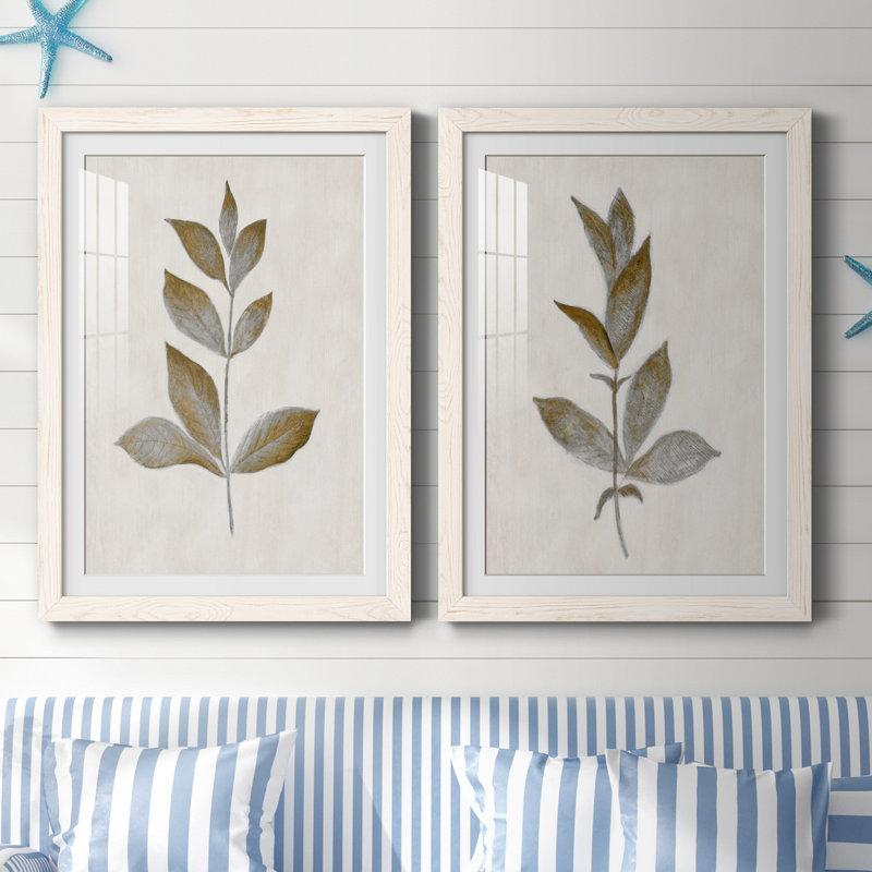 Bronze Leaf I - ensemble de 2 reproductions, H 37,5 po x l 55 po, Impression encadrée avec passe-partout, Blanc