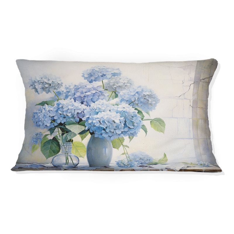 Blue Hydrangea Farmhouse Still Life - Hydrangea Printed Throw Pillow