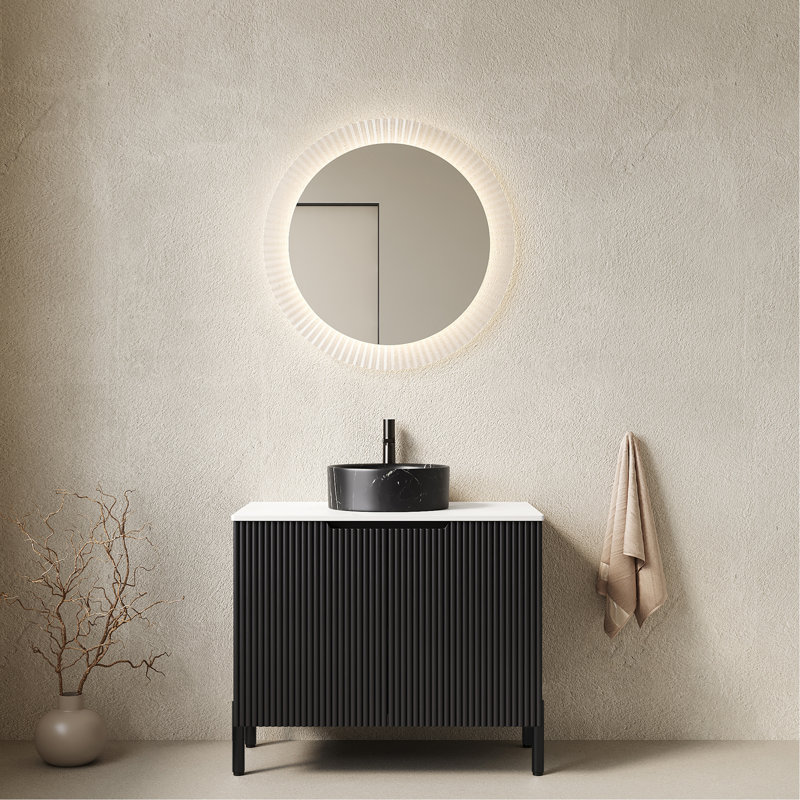 Meuble-lavabo de salle de bain avec lavabo, meuble de rangement autoportant avec 2 portes, lavabo rond en céramique noire avec motif en pierre et comptoir en pierre frittée blanc de Carrare, sans robinet