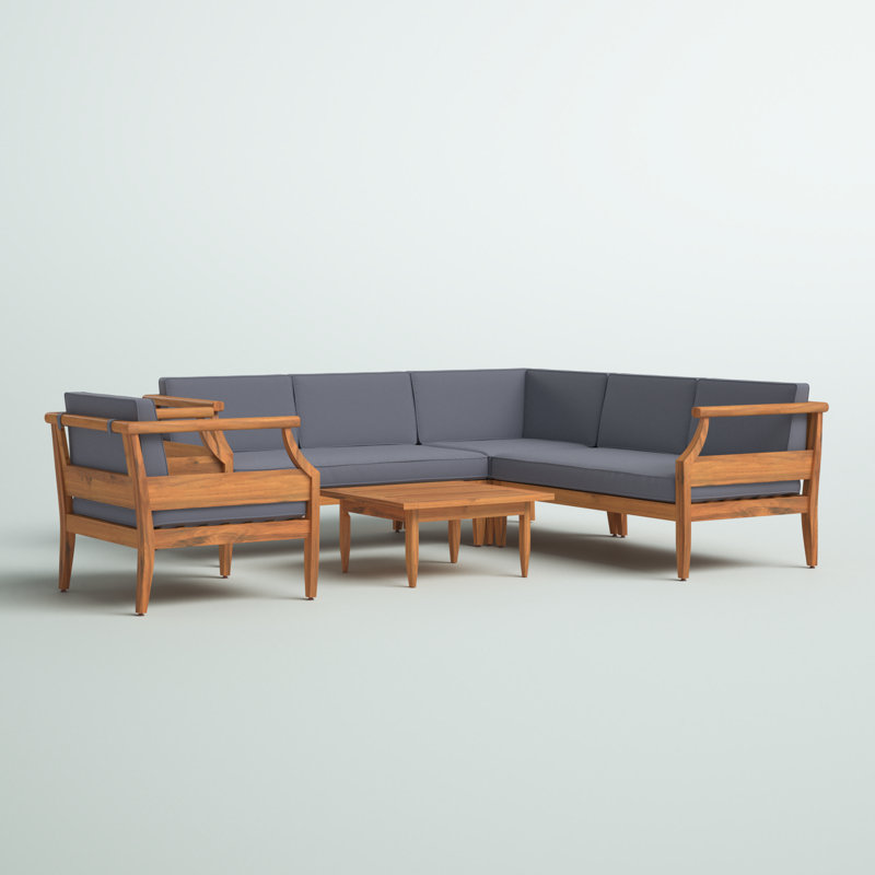 Oundle Outdoor Acacia Wood 5 Seater Sectional Chat Set with Club Chair
