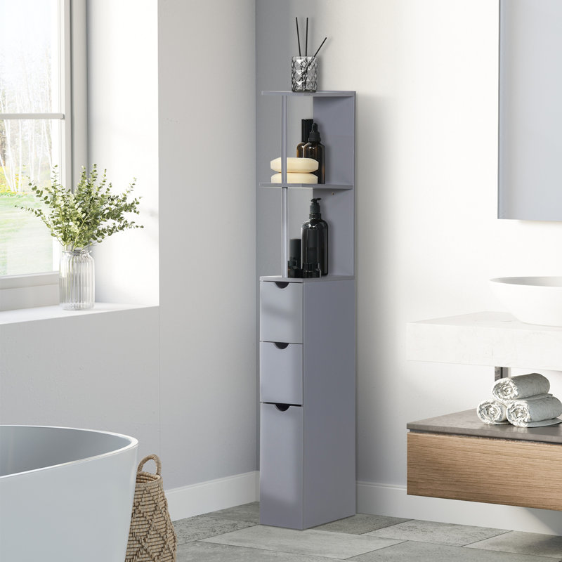 Armoire de rangement pour salle de bain de 54 po de hauteur, tour à linge autoportante avec tablette à 2 niveaux et tiroirs, rangement pour plancher étroit, gris