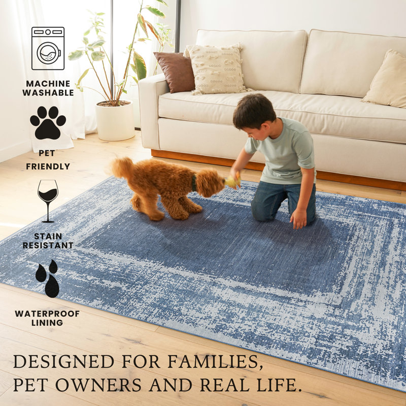 Tapis rectangulaire Amaya Navy avec envers antidérapant, Rectangle 6 pi x 9 pi