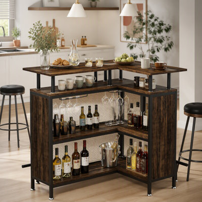Table de bar en forme de L avec porte-verres et tablettes