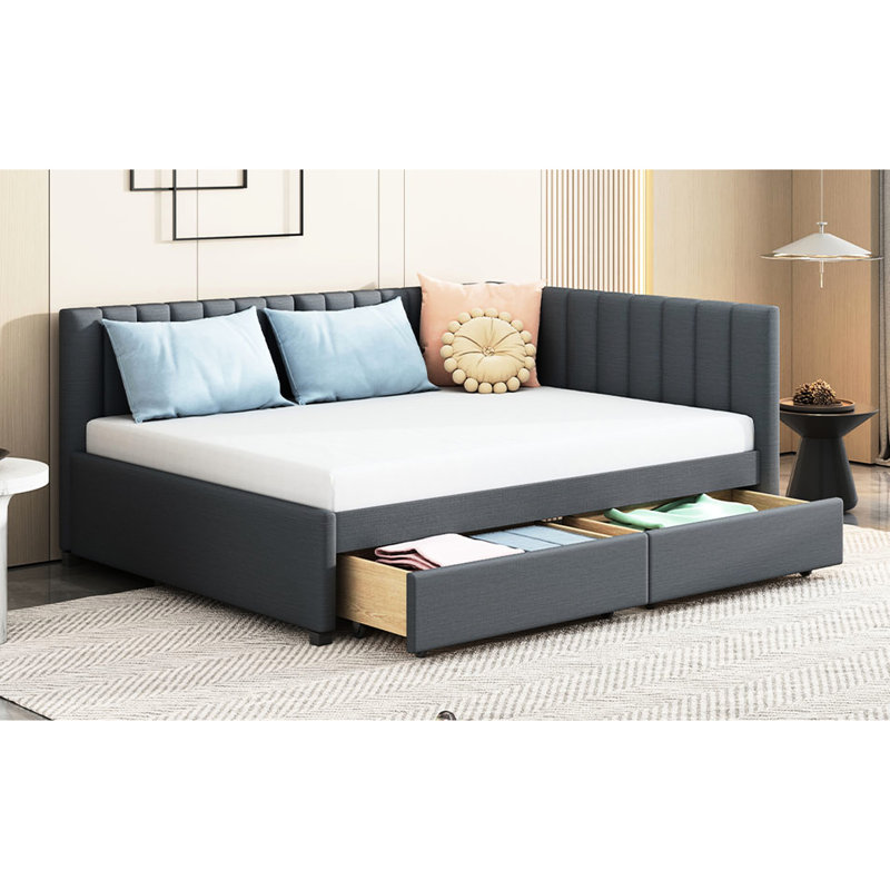 Lit de jour rembourré avec 2 tiroirs, revêtement en lin gris. Cadre de lit sans sommier pour un espace de vie confortable en tissu et compartiments de rangement, gris. Espace de sommeil confortable