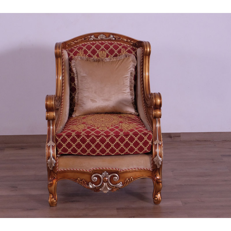 Handcrafted Mahogany Wood Accent Chair in Red Velvet