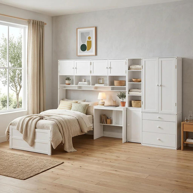 Lit simple tout-en-un avec garde-robe, bureau intégré et armoires de rangement, cadre de lit multifonctionnel en bois massif avec bande lumineuse à DEL intégrée, ensemble de chambre à coucher peu encombrant pour adolescents et studios