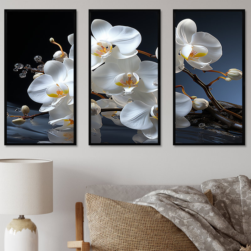 Ensemble de décorations murales orchidées blanches et jaunes, Cadre flottant noir, H 32 po x l 48 po x P 1 po