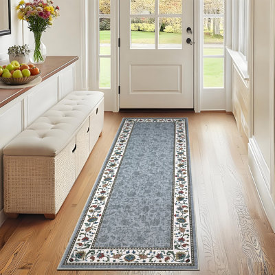 Tapis lavable à bordure florale vintage pour salon