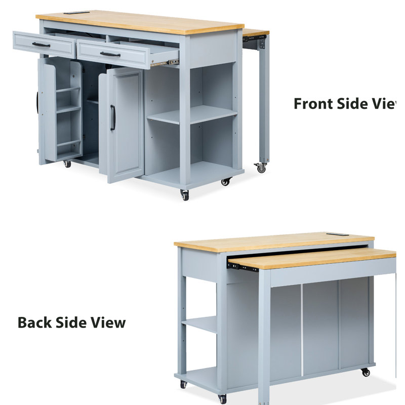 Extendable Kitchen Island In Grey Blue, Rubber Wood Veneer, Ample Storage, 2 Ac Outlets, 1 , Type - C, Mobile And Stationary, Soft Close Hinges 47.2" X 19.7" Island, Dining Table, Internal Stationary