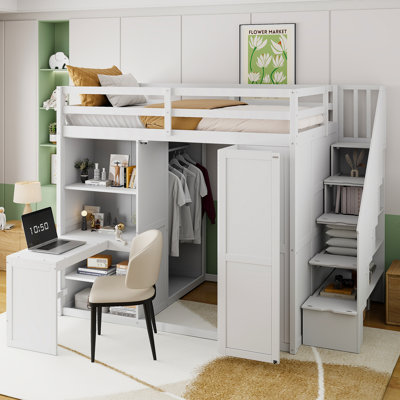 Lit mezzanine avec escalier, bureau, bibliothèque et vestiaire de rangement intégré