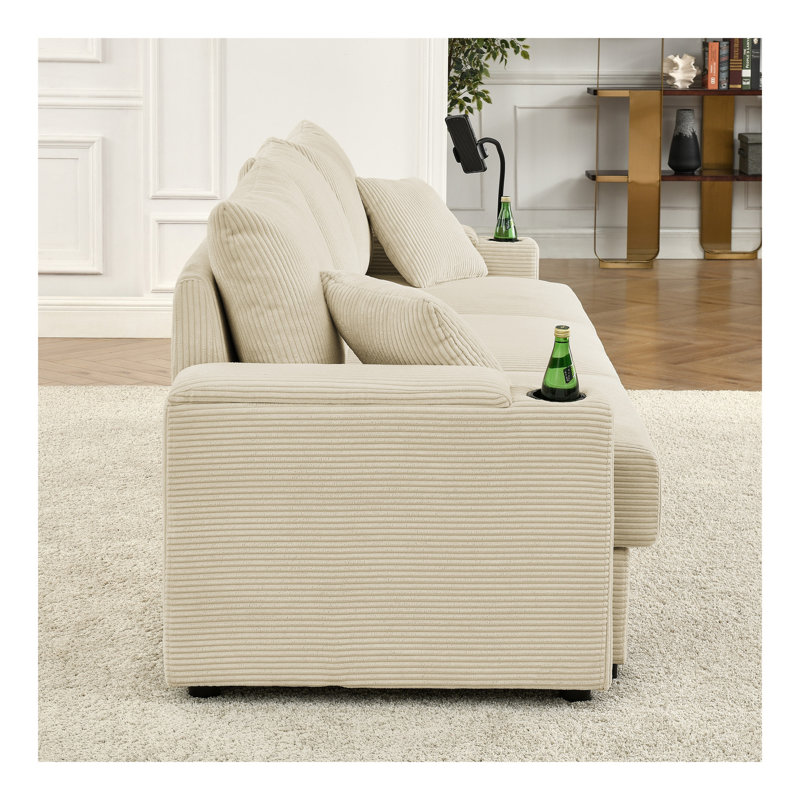 Canapé en L moderne avec 4 sièges et rangement, avec repose-pieds, canapé en L avec porte-gobelets et support pour téléphone, canapé en velours côtelé