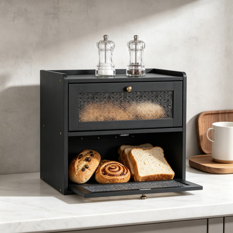 Grande boîte à pain en bois pour comptoir, avec portes vitrées en acrylique, ventilations et plateau de rangement plat., Noir