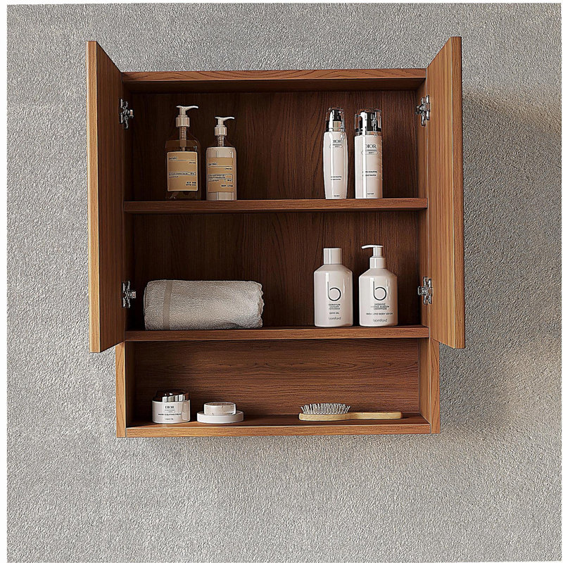 TOBI 26" Wall-Mounted Striped Bathroom Cabinet, with Doors, Shelf and Open Storage Compartment Over The Toilet Storage Cabinet for Bathroom, Kitchen, Laundry Room, Brown Oak 