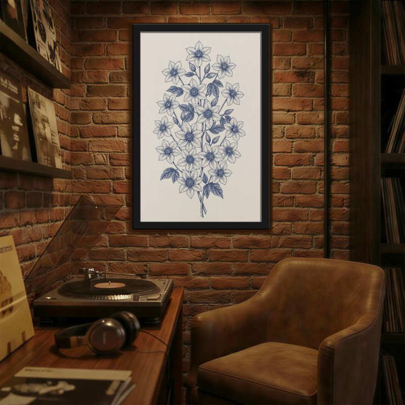 Plantes et fleurs à motif floral bleu sur fond crème, H 24 po x l 16 po