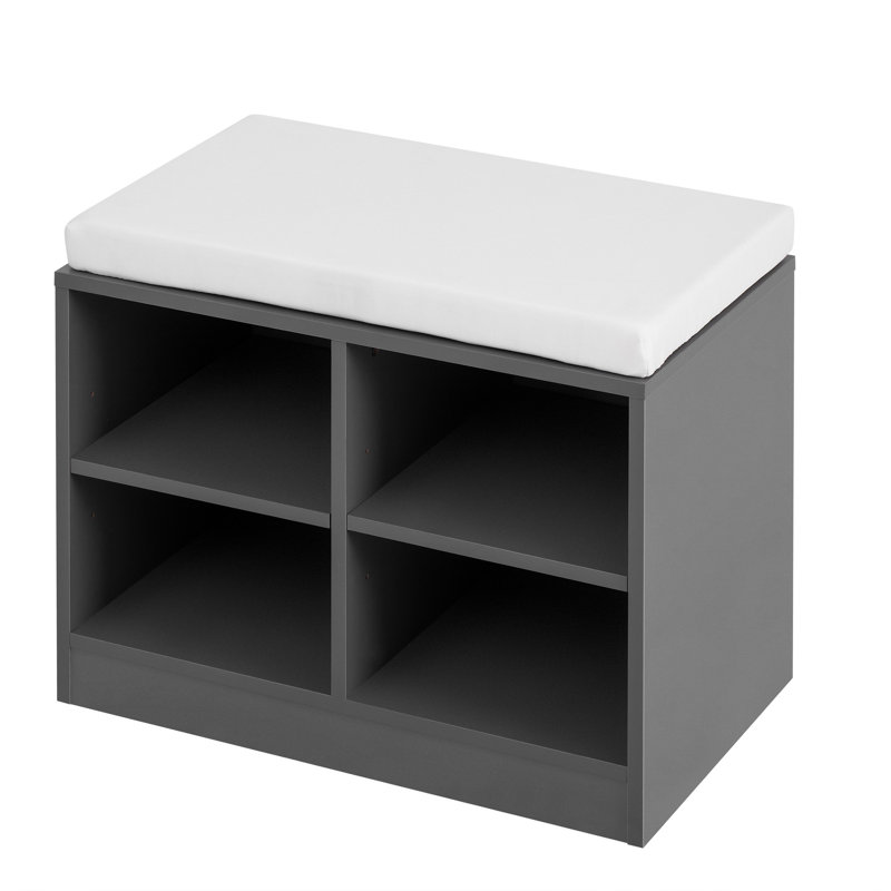 Banc d'entrée avec coussin et tablettes réglables, console avec banc à chaussures, porte à lattes ondulées et crochets, Gris